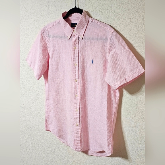 Ralph Lauren Shirt Mens M Short Sleeve Button Down Seersucker Striped Pink - Picture 8 of 9